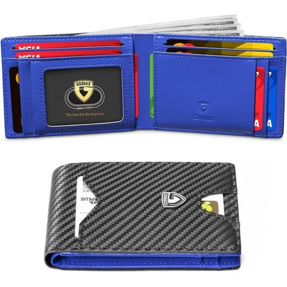 Mens Slim Wallet for Men Minimalist Genuine Leather Carbon Fiber Rfid